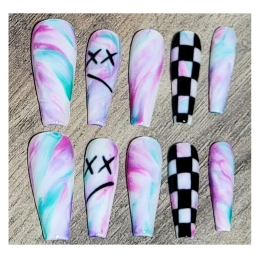 Handmade 90s y2k tye dye rainbow watercolor checker long coffin Press on nails